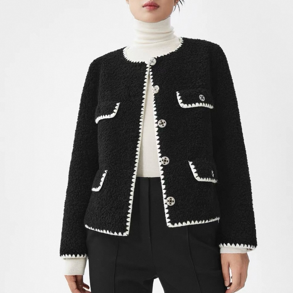 Lancy Black Wool Puffer Jacket with White Trim and button details